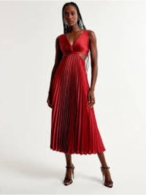 Abercrombie & Fitch Giselle Red Pleated Midi Dress with Cutout